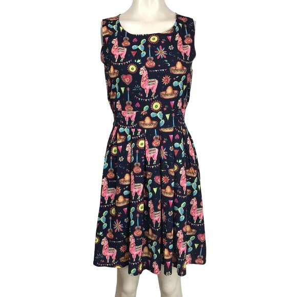 DOLLZ & DAMES- WOMEN SMALL ~ NAVY WESTERN LLAMA CACTUS PLEATED RETRO DRESS - Picture 1 of 7